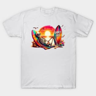 Summer Skeleton Relaxing by the Beach Sunset Surfboard T-Shirt